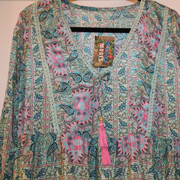 Bohemian Style Print Dress Bell Sleeve V-Neck Tassels Ribbon Made in India OS - Picture 6 of 14